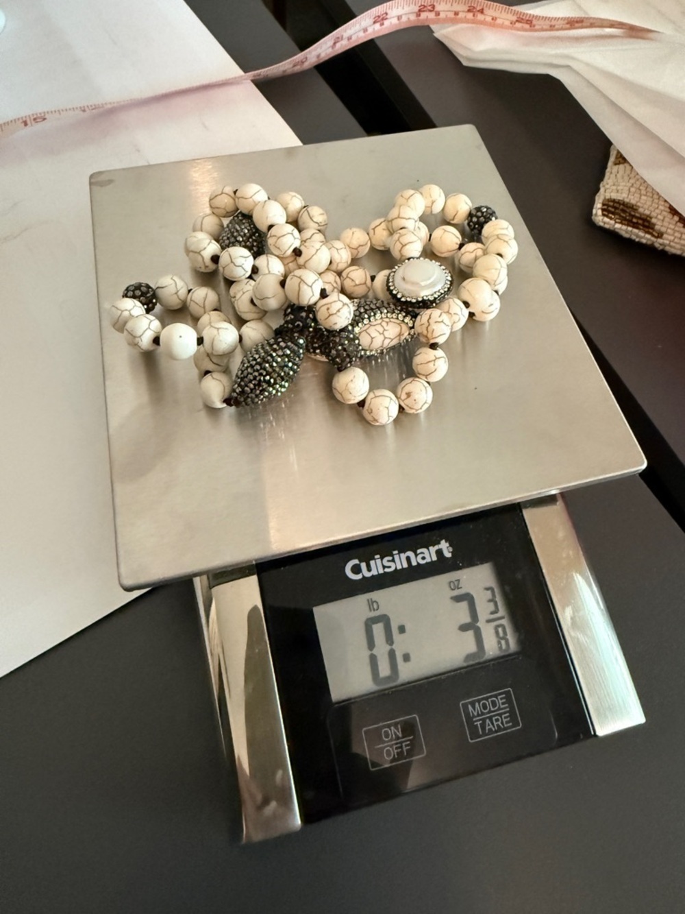 Cream Stone Beaded Necklace Pavé Crystal Long - Picture 7 of 7
